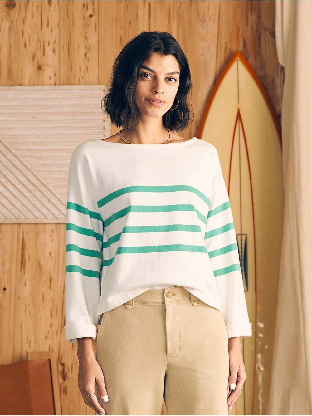 Faherty Rugby Jersey Long-Sleeve Tee White Green Striped Medium M EUC